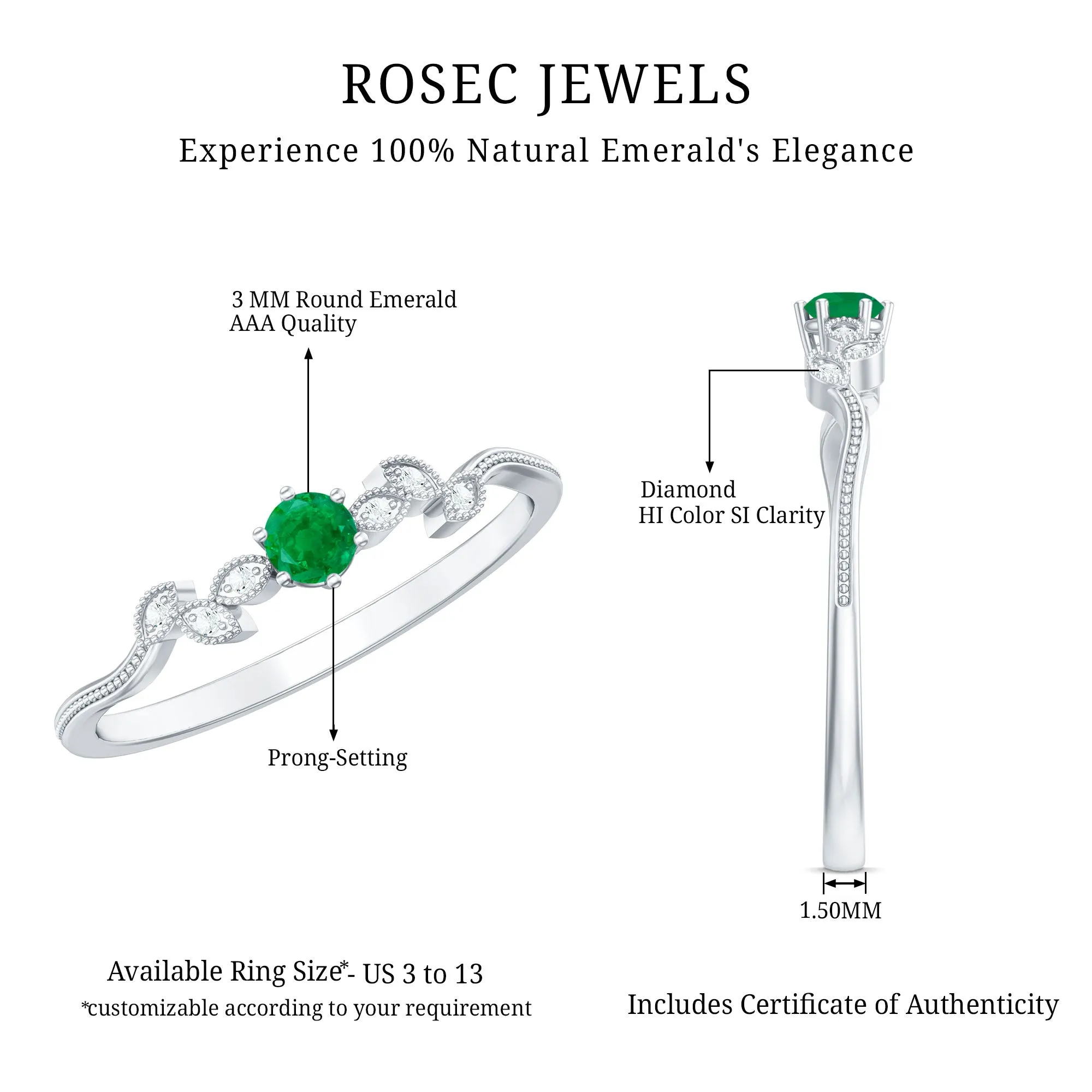 Emerald and Diamond Leaf Branch Promise Ring
