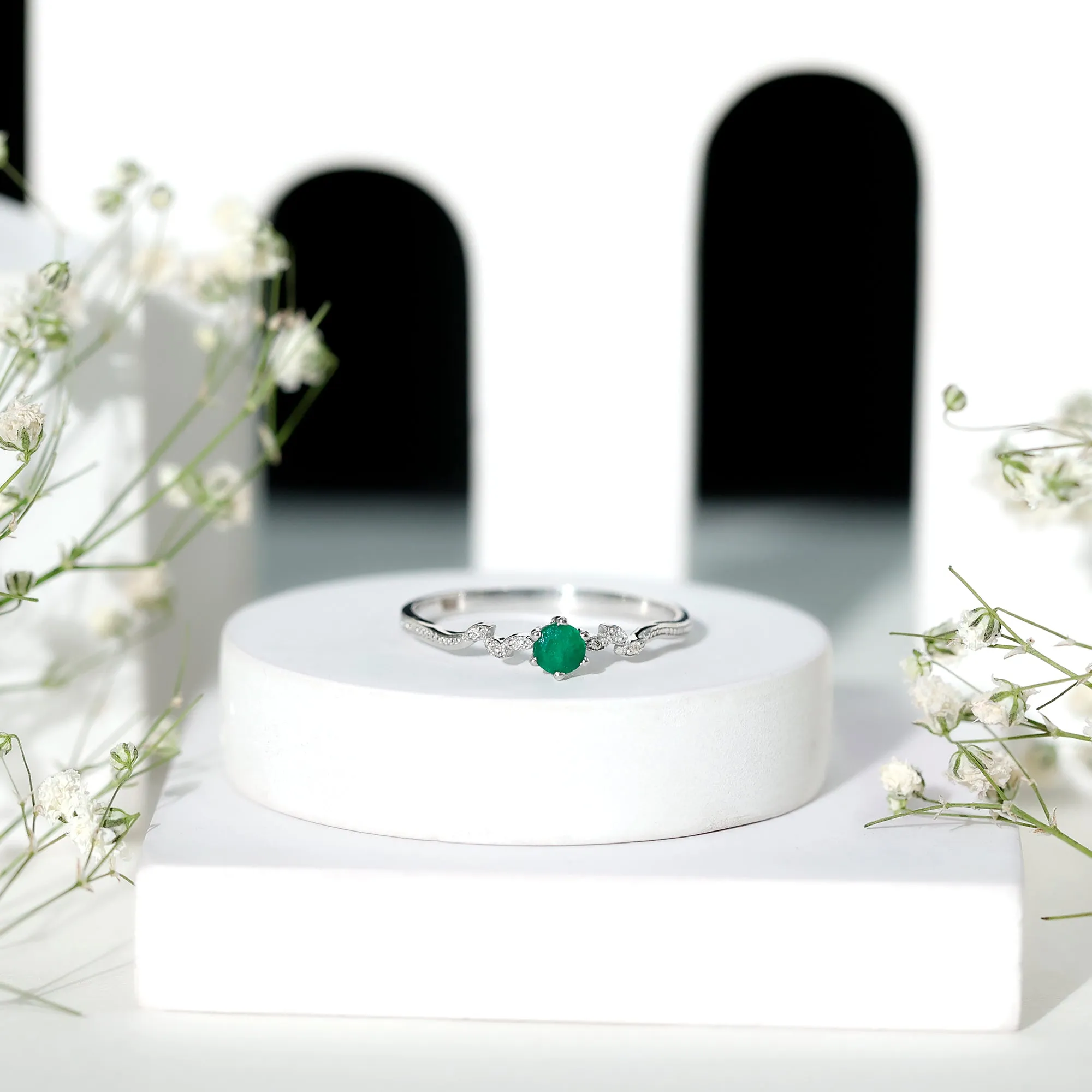 Emerald and Diamond Leaf Branch Promise Ring