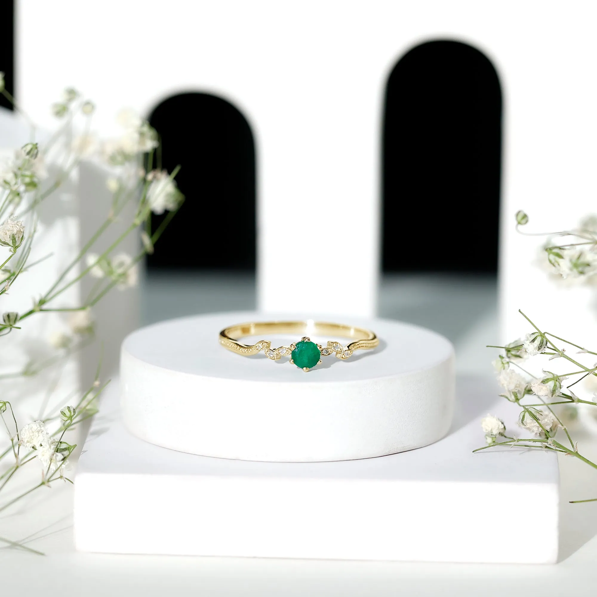 Emerald and Diamond Leaf Branch Promise Ring