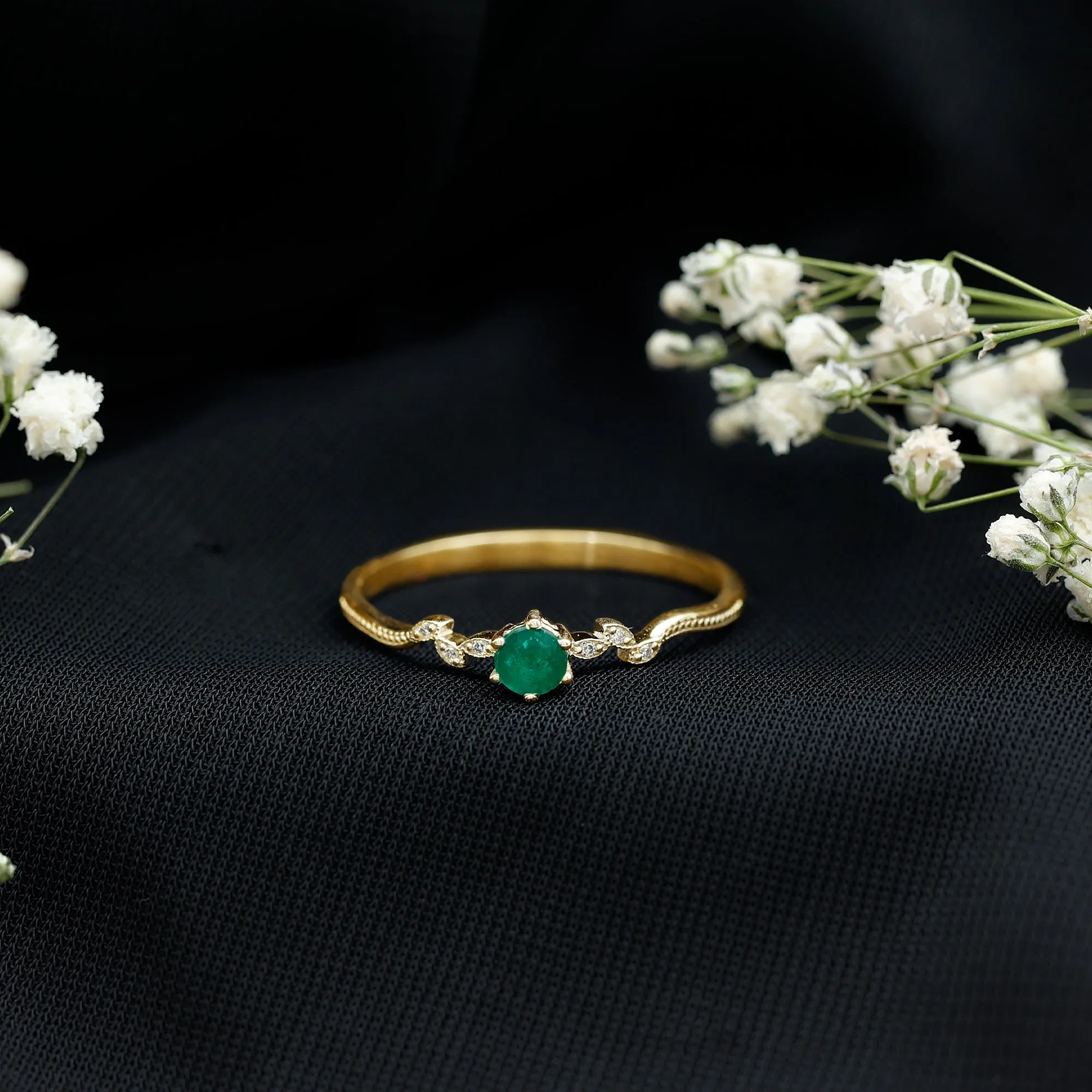 Emerald and Diamond Leaf Branch Promise Ring