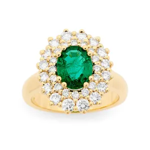 Emerald and diamond ring with double halo