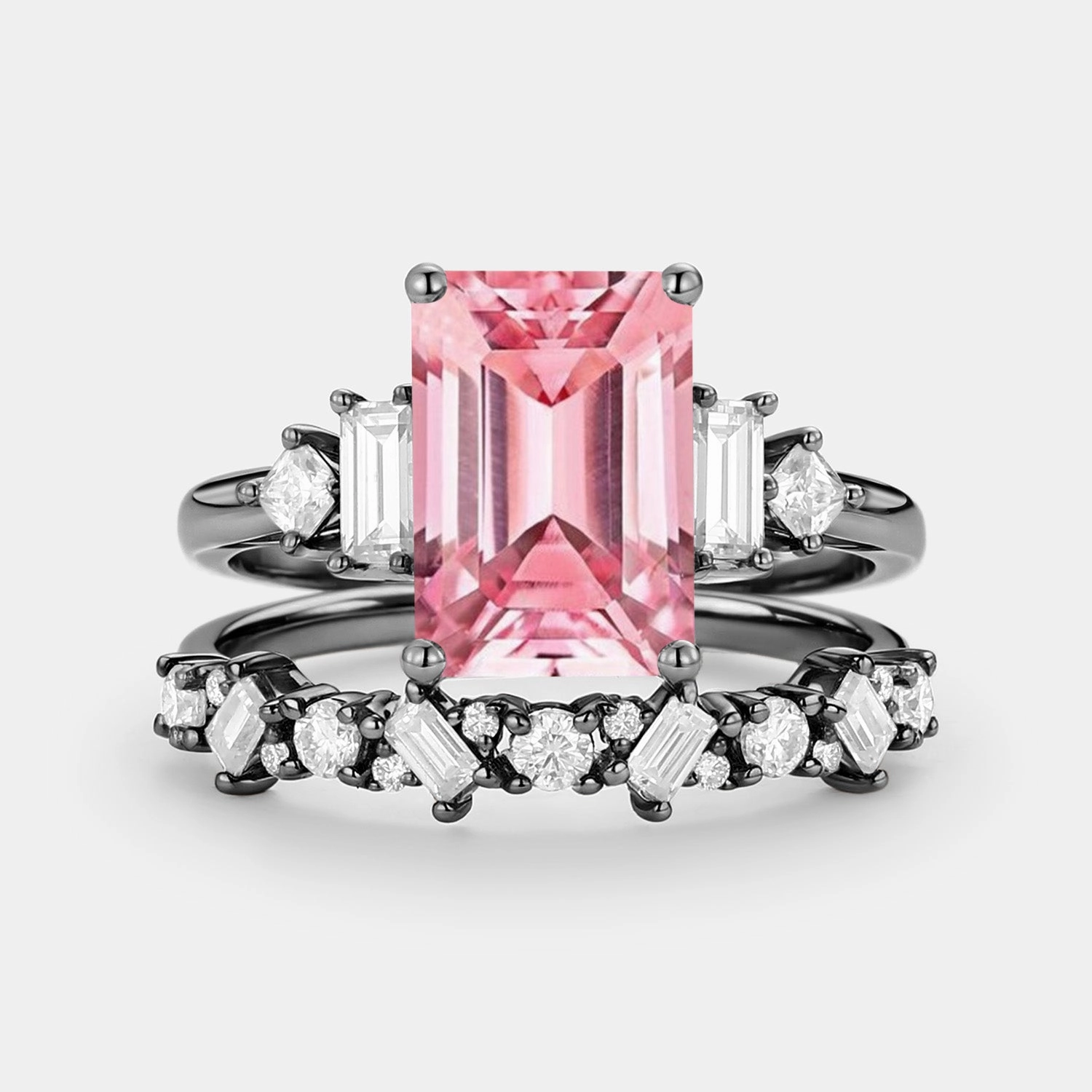 Emerald Cut Cluster Lab Pink Sapphire Yellow Gold Ring Set 2pcs - Peau Elegant Form Chic Element