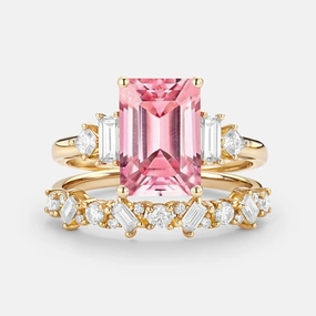 Emerald Cut Cluster Lab Pink Sapphire Yellow Gold Ring Set 2pcs - Peau Special Look Elegant Detailing