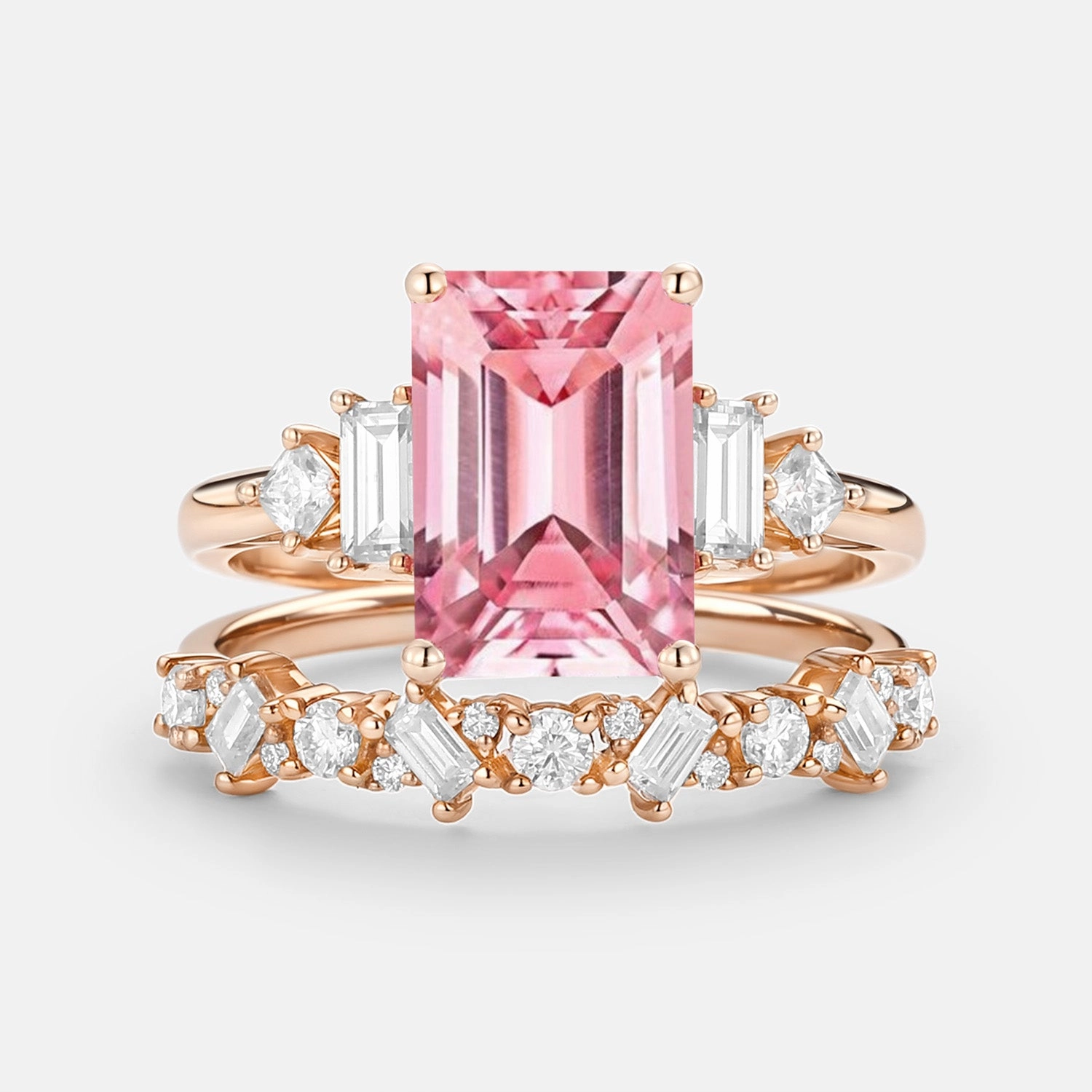 Formal Gift Weekend Sparkle Emerald Cut Cluster Lab Pink Sapphire Yellow Gold Ring Set 2pcs - Peau