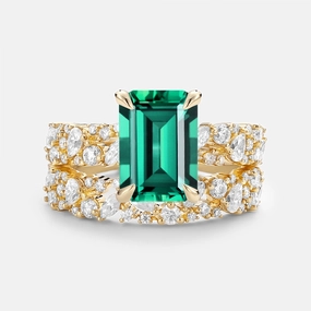 Emerald Cut Cluster Yellow Gold Ring Set 2pcs - Glyph Vibrant Accent Elegant Choice