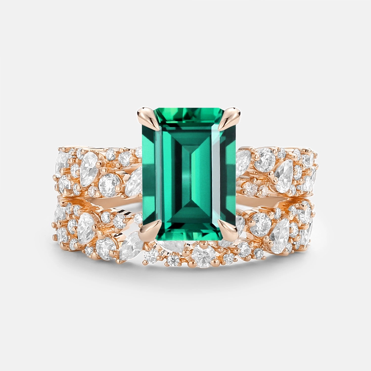 Emerald Cut Cluster Yellow Gold Ring Set 2pcs - Glyph Handmade Beauty