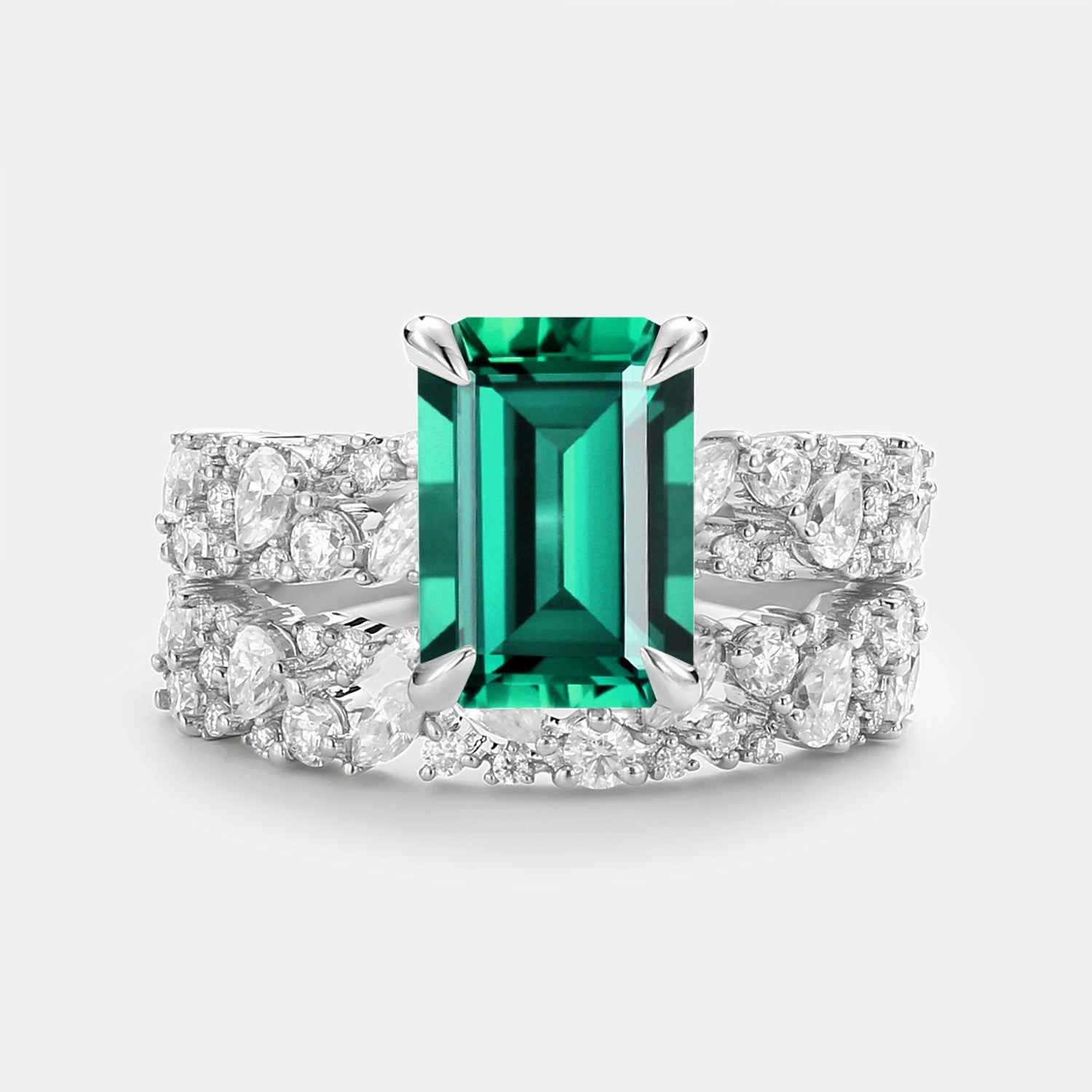 Contemporary Feature Emerald Cut Cluster Yellow Gold Ring Set 2pcs - Glyph