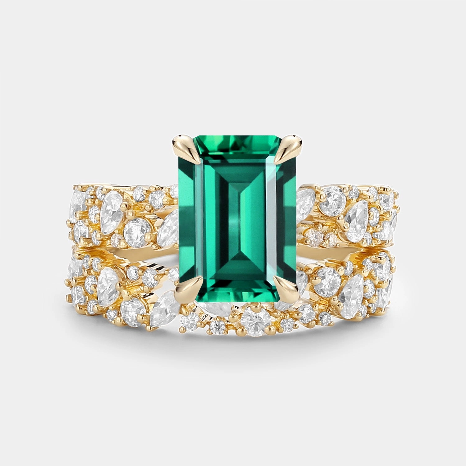 Emerald Cut Cluster Yellow Gold Ring Set 2pcs - Glyph Vibrant Accent Elegant Choice