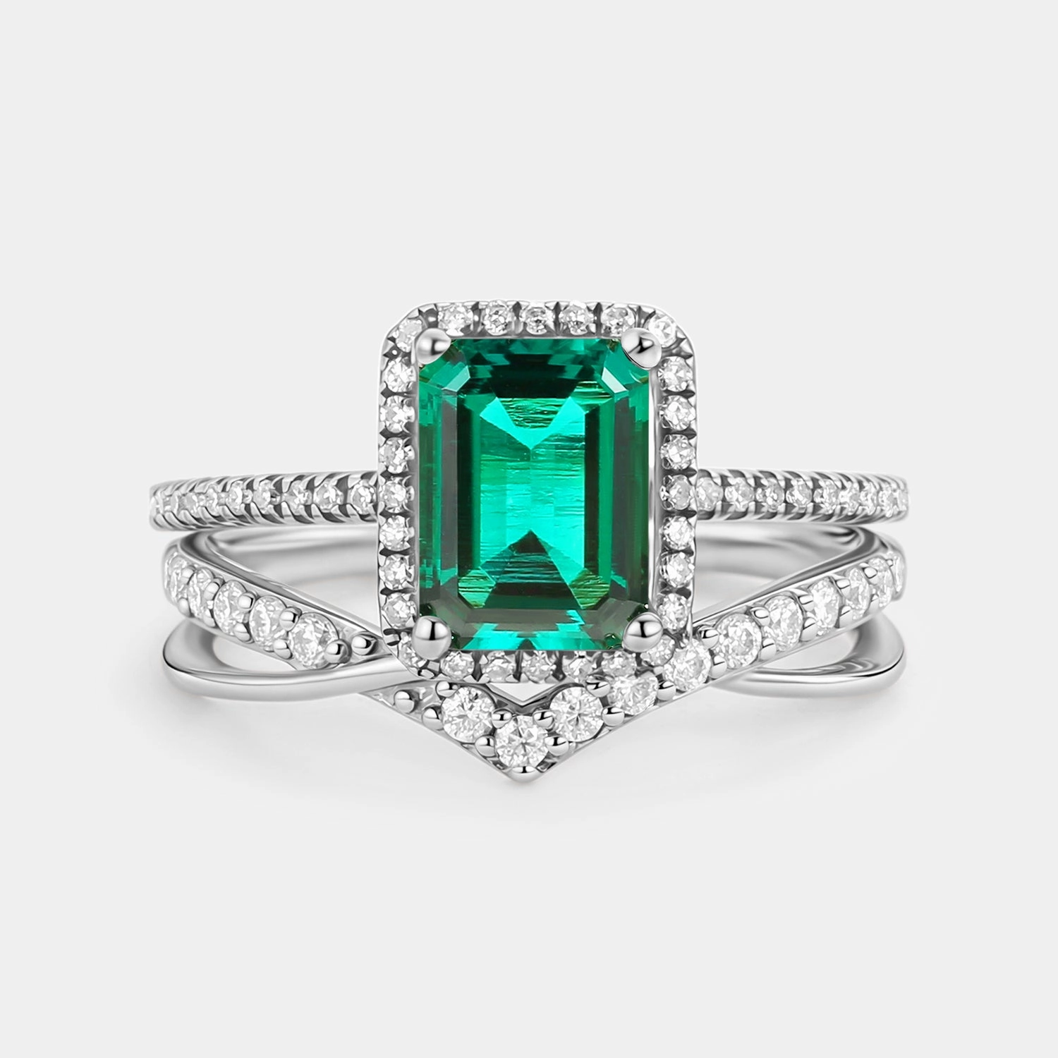 Vibrant Piece Emerald Cut Emerald & Moissanite Yellow Gold Ring Set