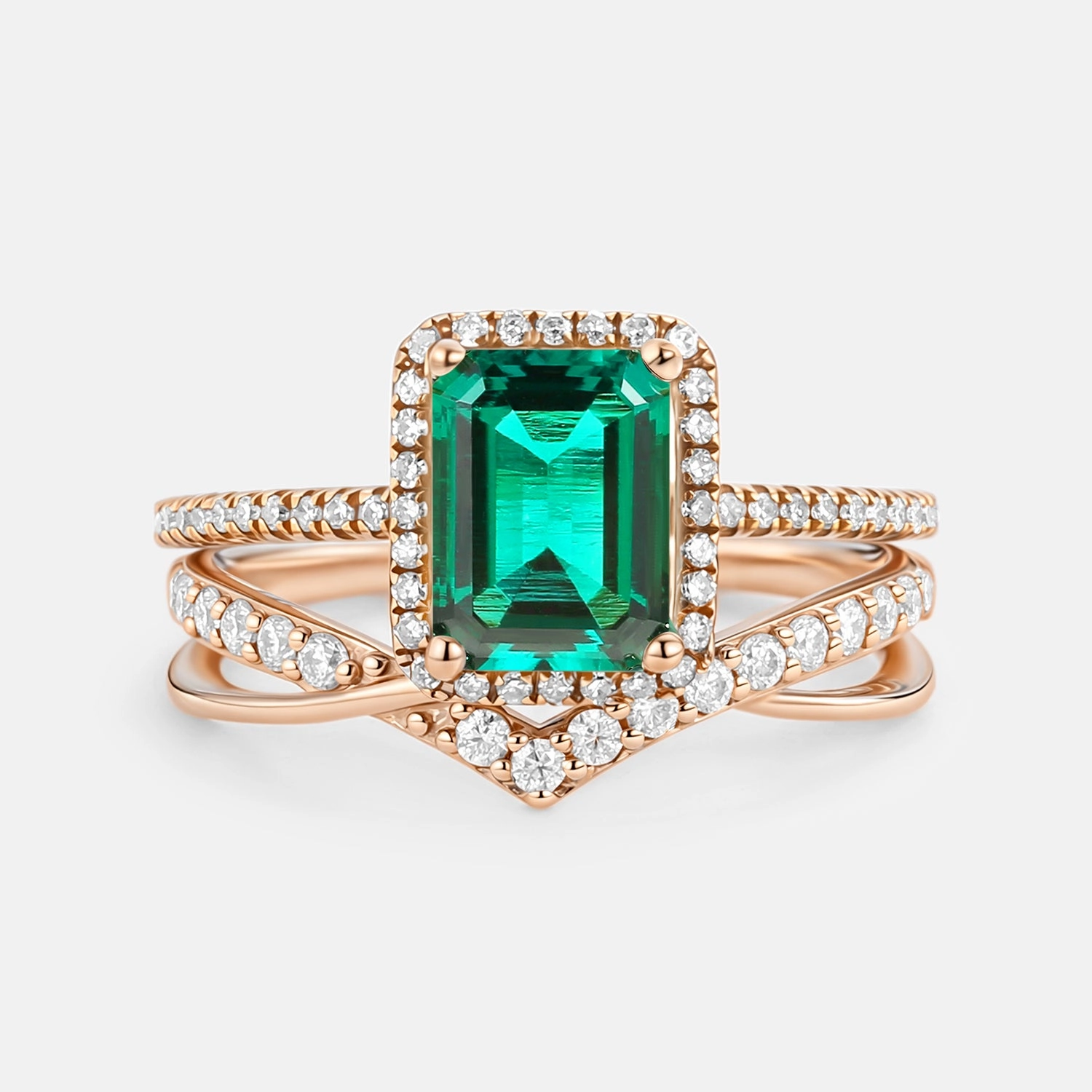 Shiny Embellishment Classic Finish Emerald Cut Emerald & Moissanite Yellow Gold Ring Set