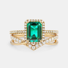Polished Glam Emerald Cut Emerald & Moissanite Yellow Gold Ring Set