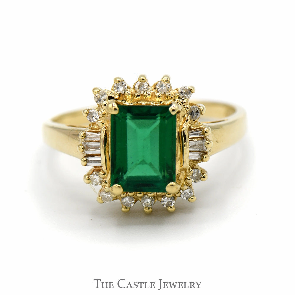 Strong Appearance Artisan Texture Emerald Cut Emerald Ring with Round and Baguette Diamond Halo in 14k Yellow Gold