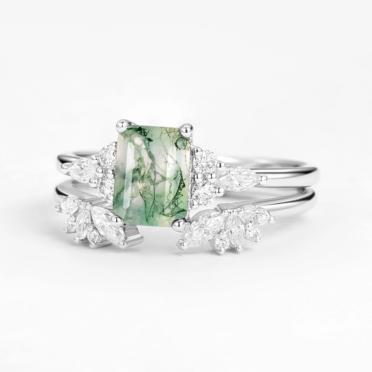 Emerald Cut Green Moss Agate Cluster Engagement Ring Set 2PCS Festive Set Minimal Appeal