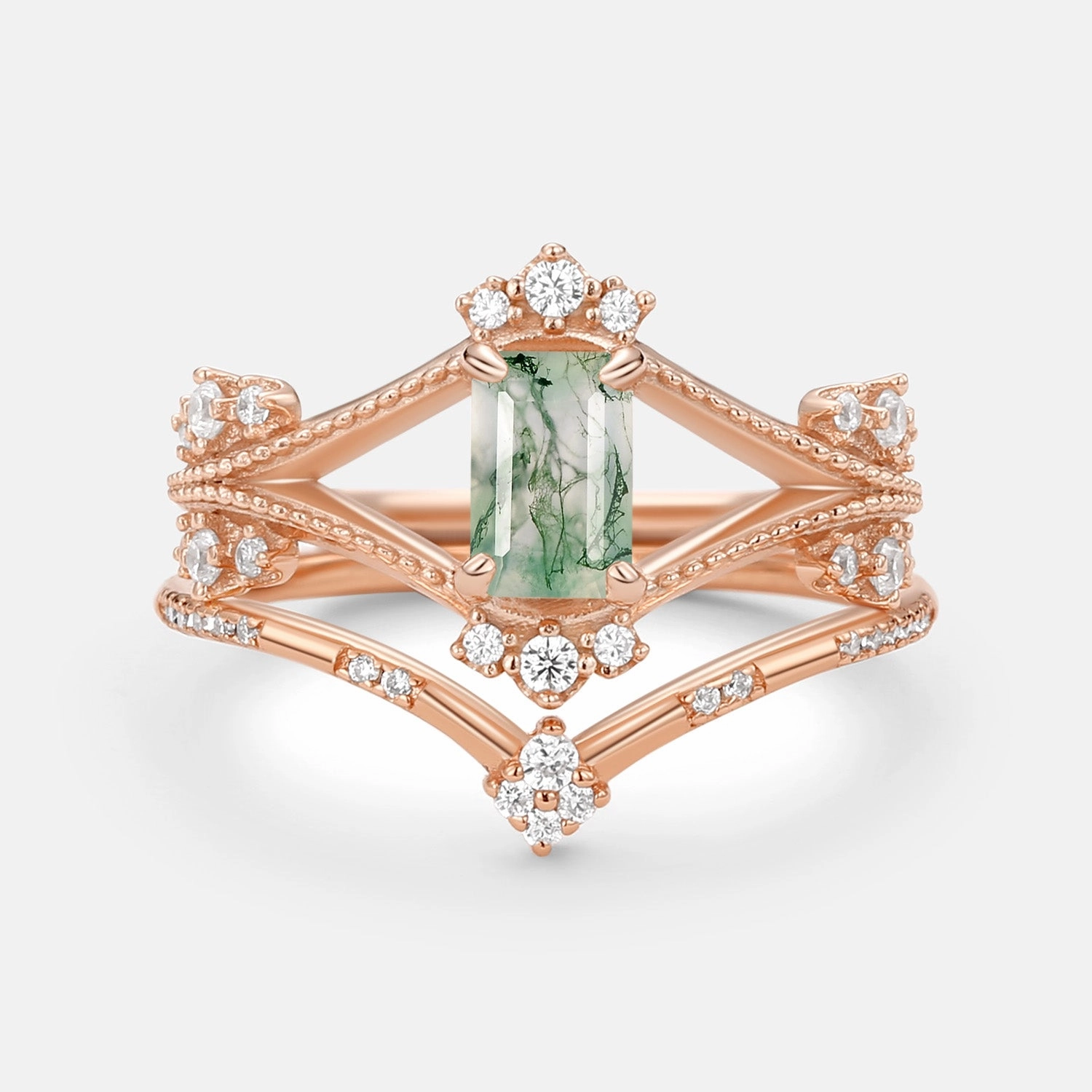 Fashion Moment Emerald Cut Green Moss Agate Unique Engagement Ring Set 2PCS