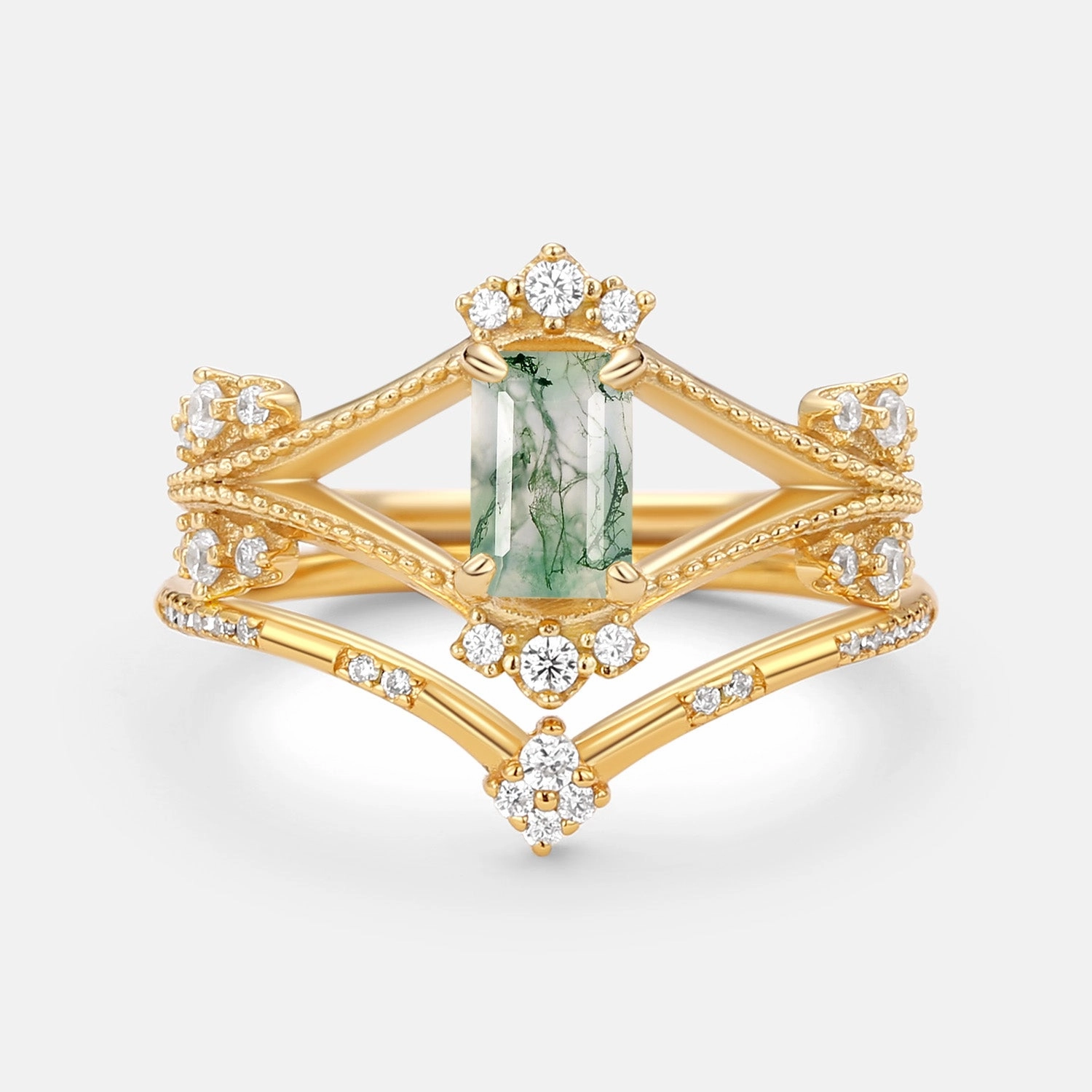 Bridal Ready Fashion Gift Emerald Cut Green Moss Agate Unique Engagement Ring Set 2PCS