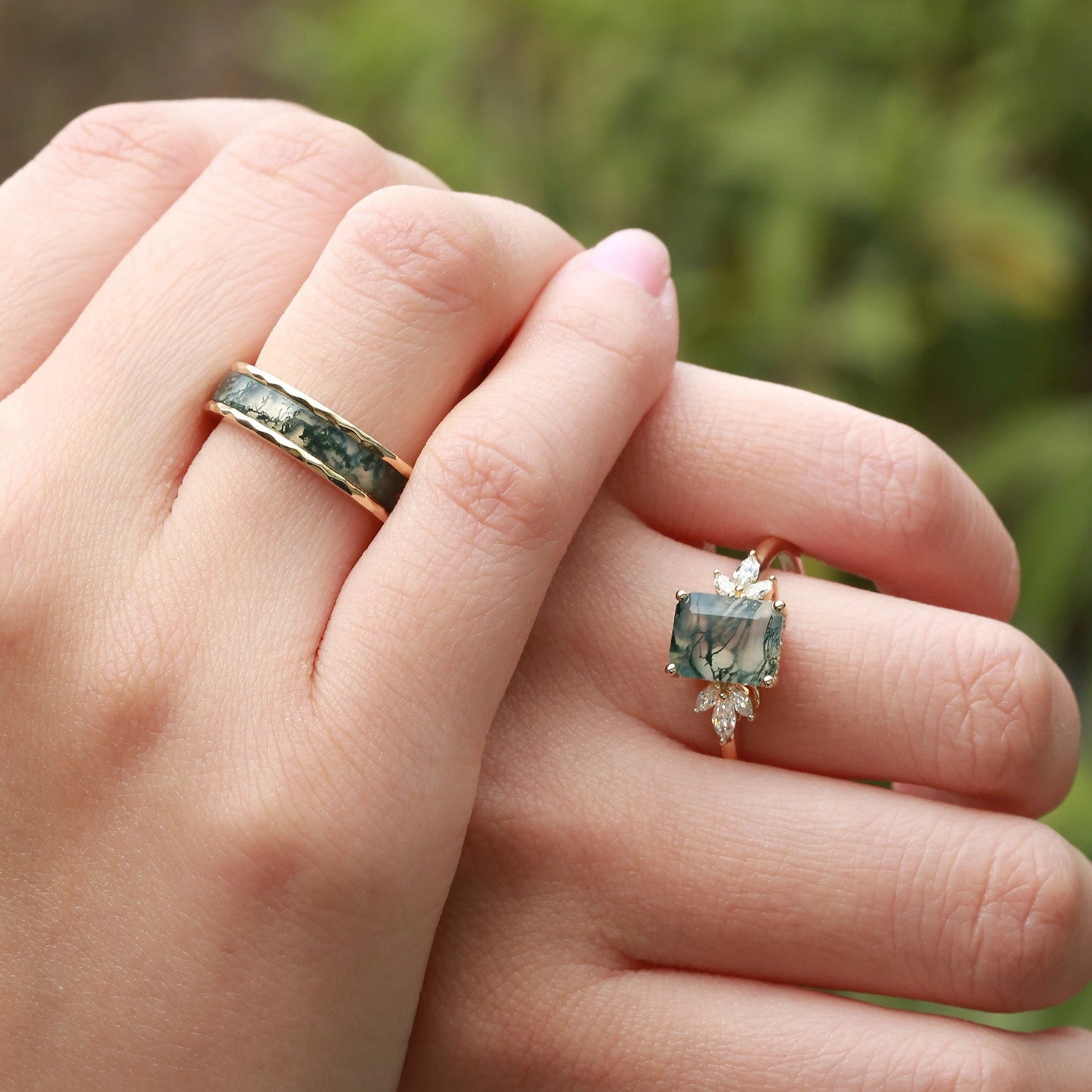 Stylish Design Emerald Cut Moss Agate Yellow Gold Couple Ring Set 2pcs