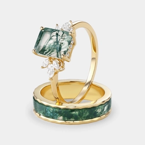 Edgy Detail Emerald Cut Moss Agate Yellow Gold Couple Ring Set 2pcs