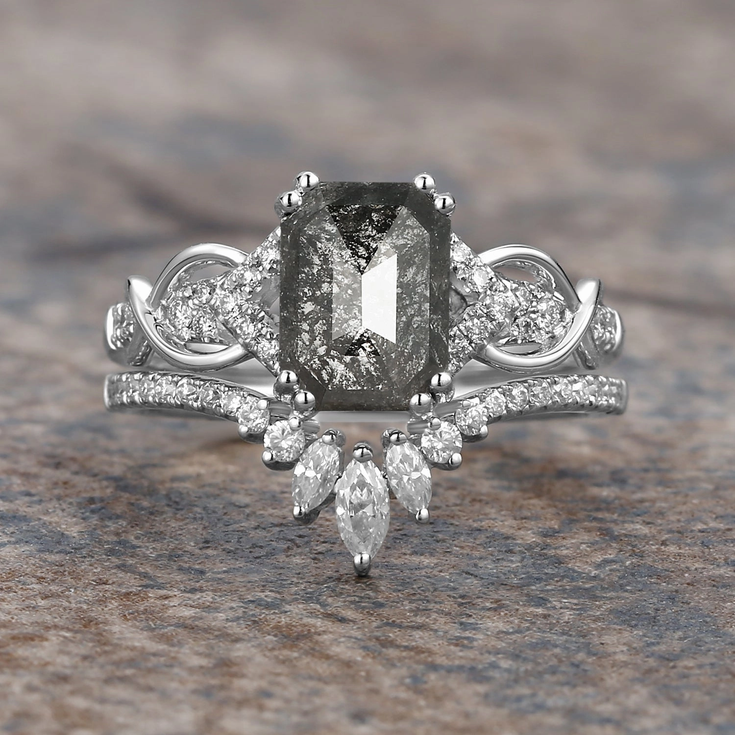 Emerald Cut Salt and Pepper Diamonds Infinity Gold Engagement Ring Set 2pcs Minimal Detail