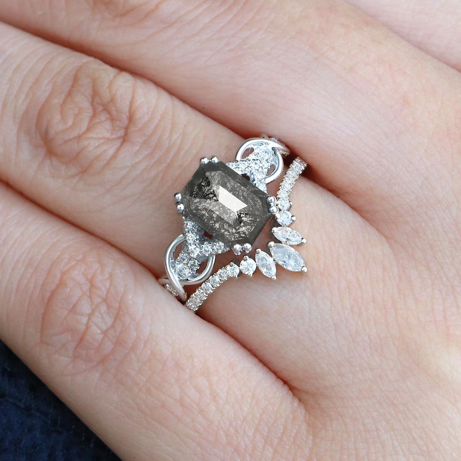 Emerald Cut Salt and Pepper Diamonds Infinity Gold Engagement Ring Set 2pcs Rich Detailing Formal Outfit