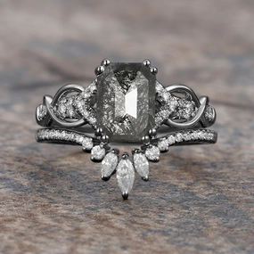 Emerald Cut Salt and Pepper Diamonds Infinity Gold Engagement Ring Set 2pcs Vibrant Highlight Creative Look