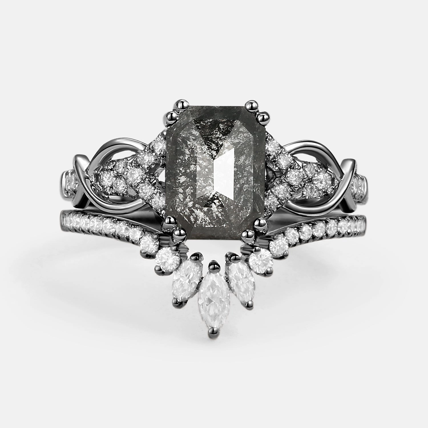 Perfect Pair Model Mood Emerald Cut Salt and Pepper Diamonds Infinity Gold Engagement Ring Set 2pcs