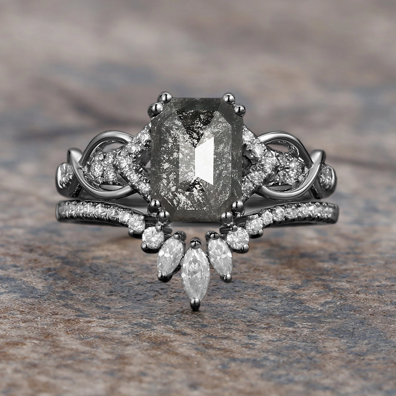 Emerald Cut Salt and Pepper Diamonds Infinity Gold Engagement Ring Set 2pcs Vibrant Highlight Creative Look