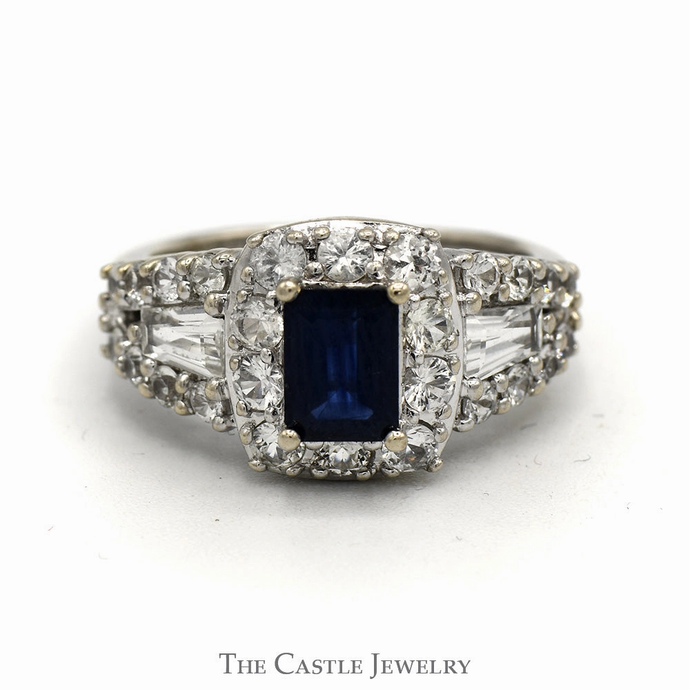 Emerald Cut Sapphire Ring with White Topaz Halo & Baguette Accents in 14k White Gold Elegant Form