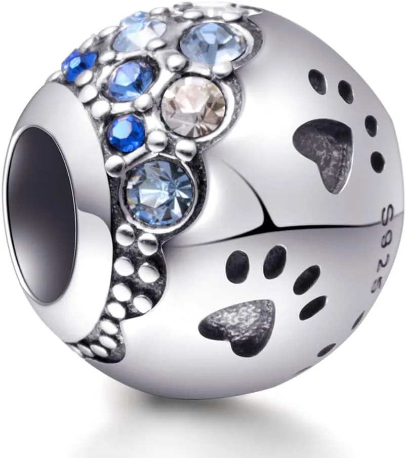 EMOSTAR Puppy Dog Paw Print Charms,925 Sterling Silver Pet Footprint Beads with Colorful Crystals, for Animal or Mothers Day Bracelets