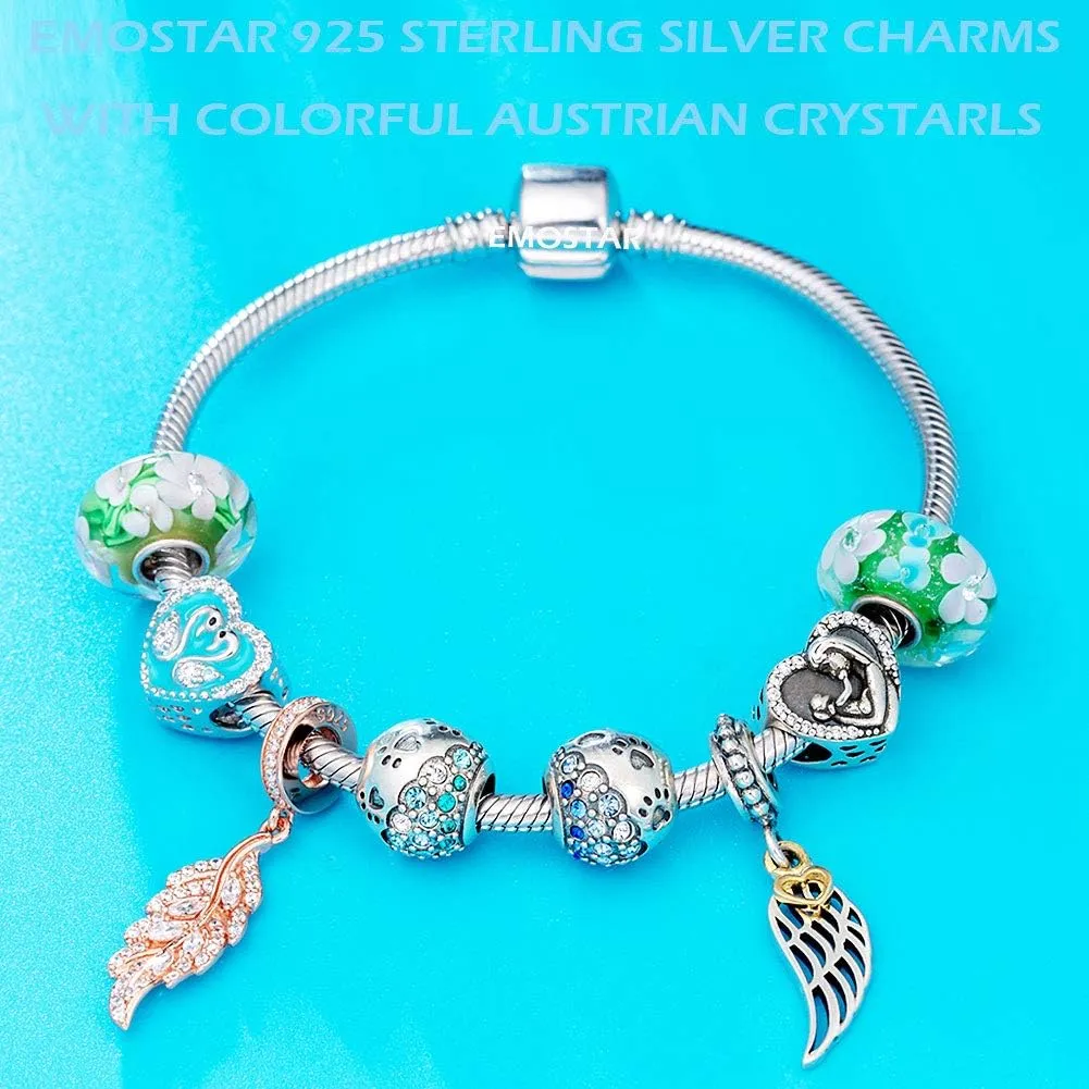 EMOSTAR Puppy Dog Paw Print Charms,925 Sterling Silver Pet Footprint Beads with Colorful Crystals, for Animal or Mothers Day Bracelets