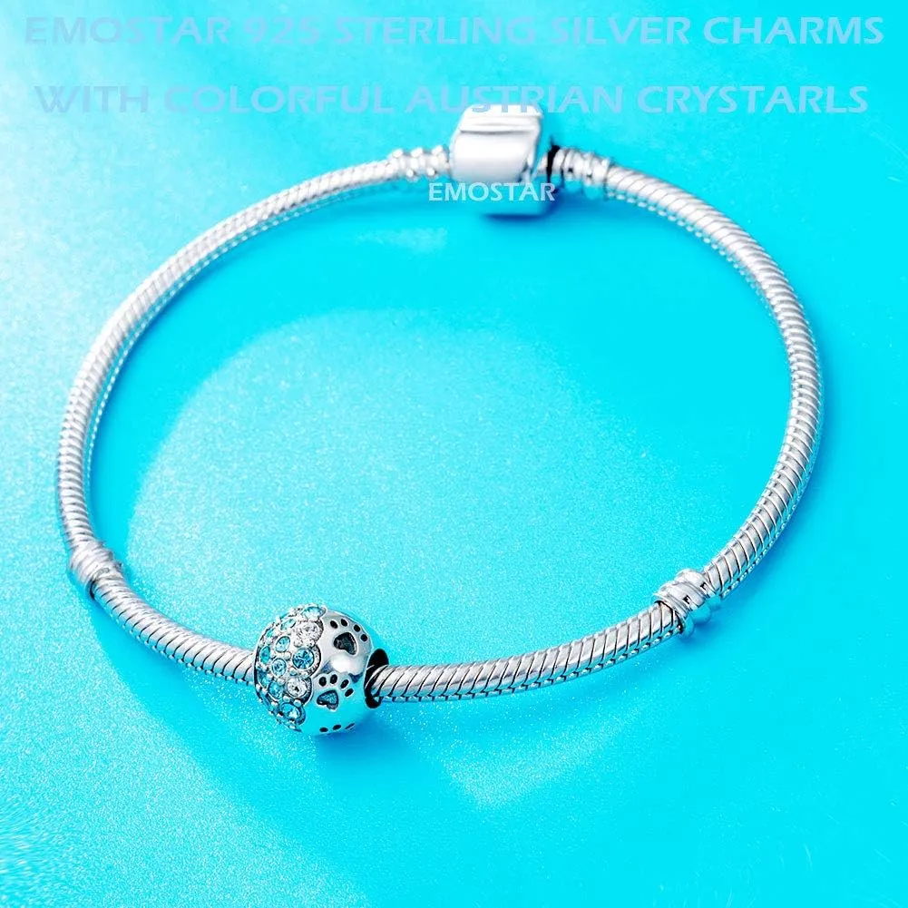 EMOSTAR Puppy Dog Paw Print Charms,925 Sterling Silver Pet Footprint Beads with Colorful Crystals, for Animal or Mothers Day Bracelets