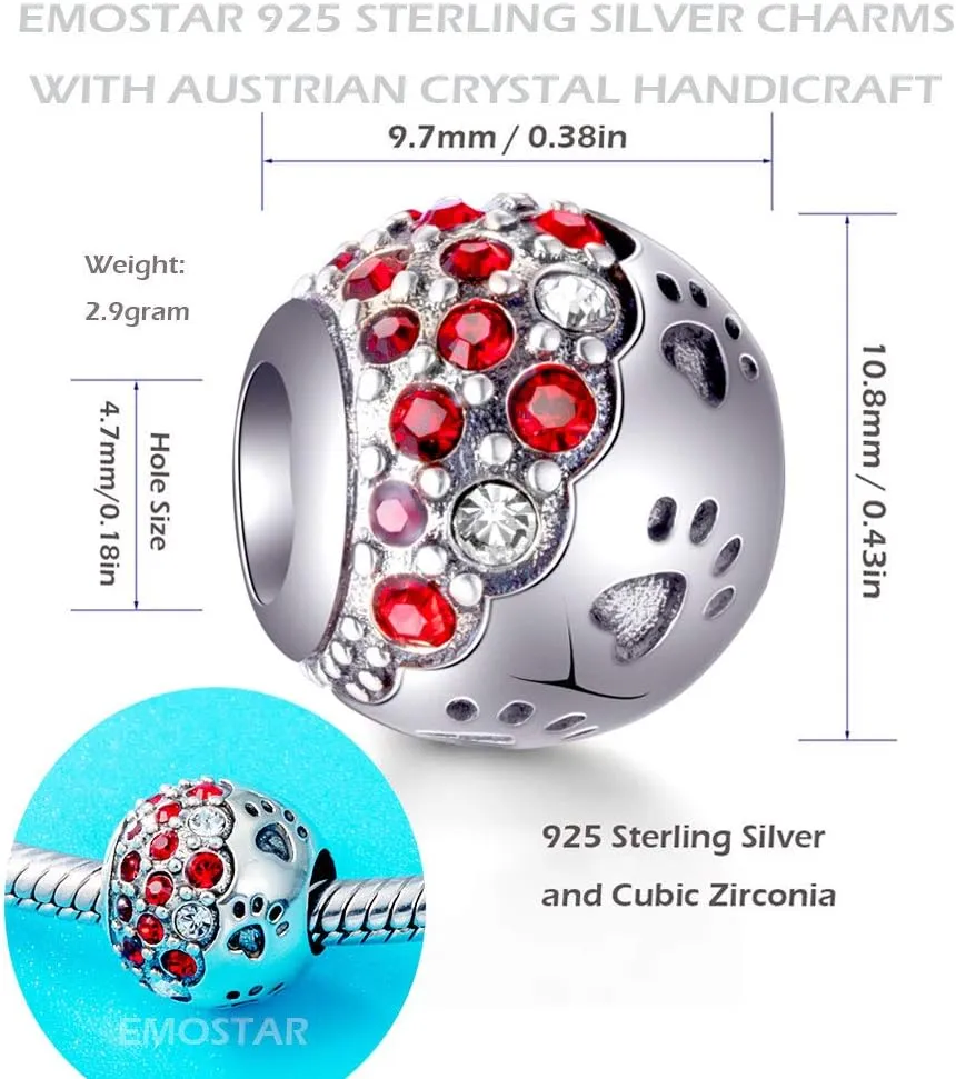 EMOSTAR Puppy Dog Paw Print Charms,925 Sterling Silver Pet Footprint Beads with Colorful Crystals, for Animal or Mothers Day Bracelets