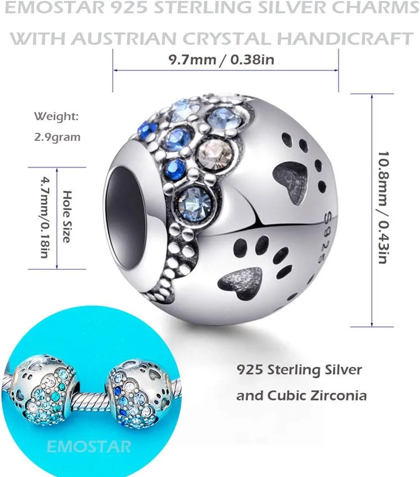 EMOSTAR Puppy Dog Paw Print Charms,925 Sterling Silver Pet Footprint Beads with Colorful Crystals, for Animal or Mothers Day Bracelets