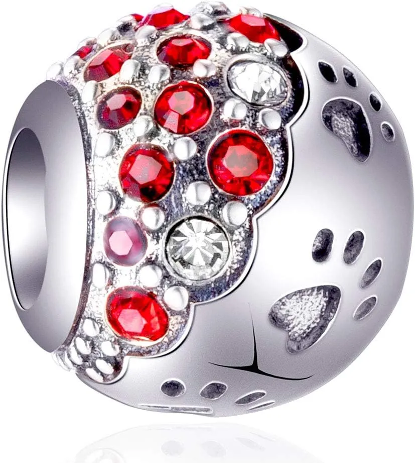 EMOSTAR Puppy Dog Paw Print Charms,925 Sterling Silver Pet Footprint Beads with Colorful Crystals, for Animal or Mothers Day Bracelets