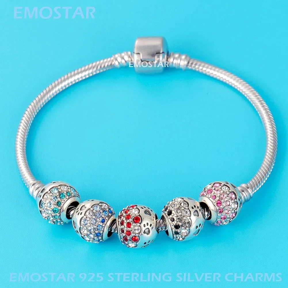 EMOSTAR Puppy Dog Paw Print Charms,925 Sterling Silver Pet Footprint Beads with Colorful Crystals, for Animal or Mothers Day Bracelets