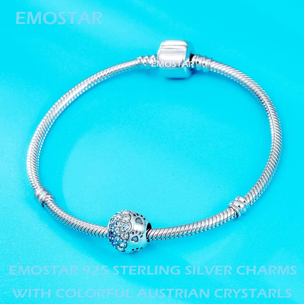 EMOSTAR Puppy Dog Paw Print Charms,925 Sterling Silver Pet Footprint Beads with Colorful Crystals, for Animal or Mothers Day Bracelets