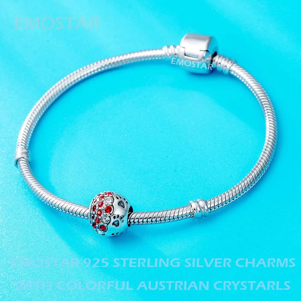 EMOSTAR Puppy Dog Paw Print Charms,925 Sterling Silver Pet Footprint Beads with Colorful Crystals, for Animal or Mothers Day Bracelets