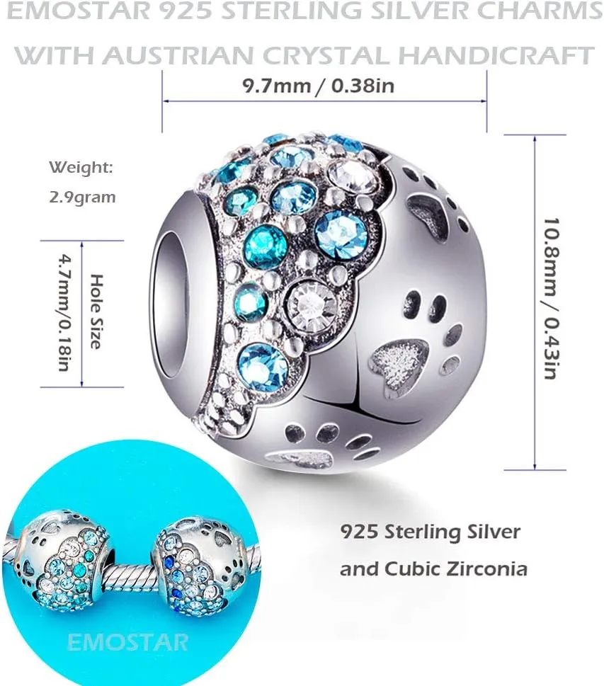 EMOSTAR Puppy Dog Paw Print Charms,925 Sterling Silver Pet Footprint Beads with Colorful Crystals, for Animal or Mothers Day Bracelets