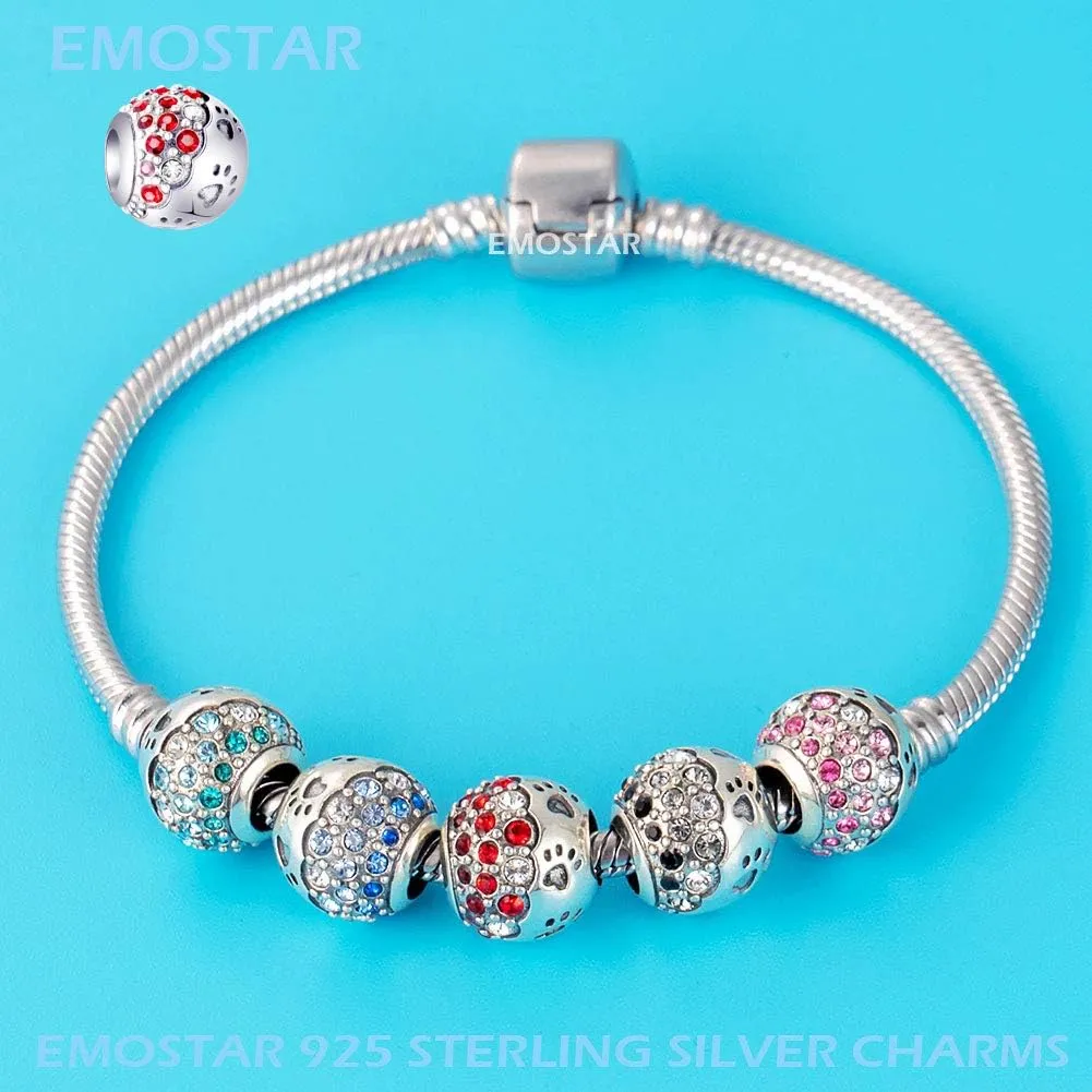 EMOSTAR Puppy Dog Paw Print Charms,925 Sterling Silver Pet Footprint Beads with Colorful Crystals, for Animal or Mothers Day Bracelets