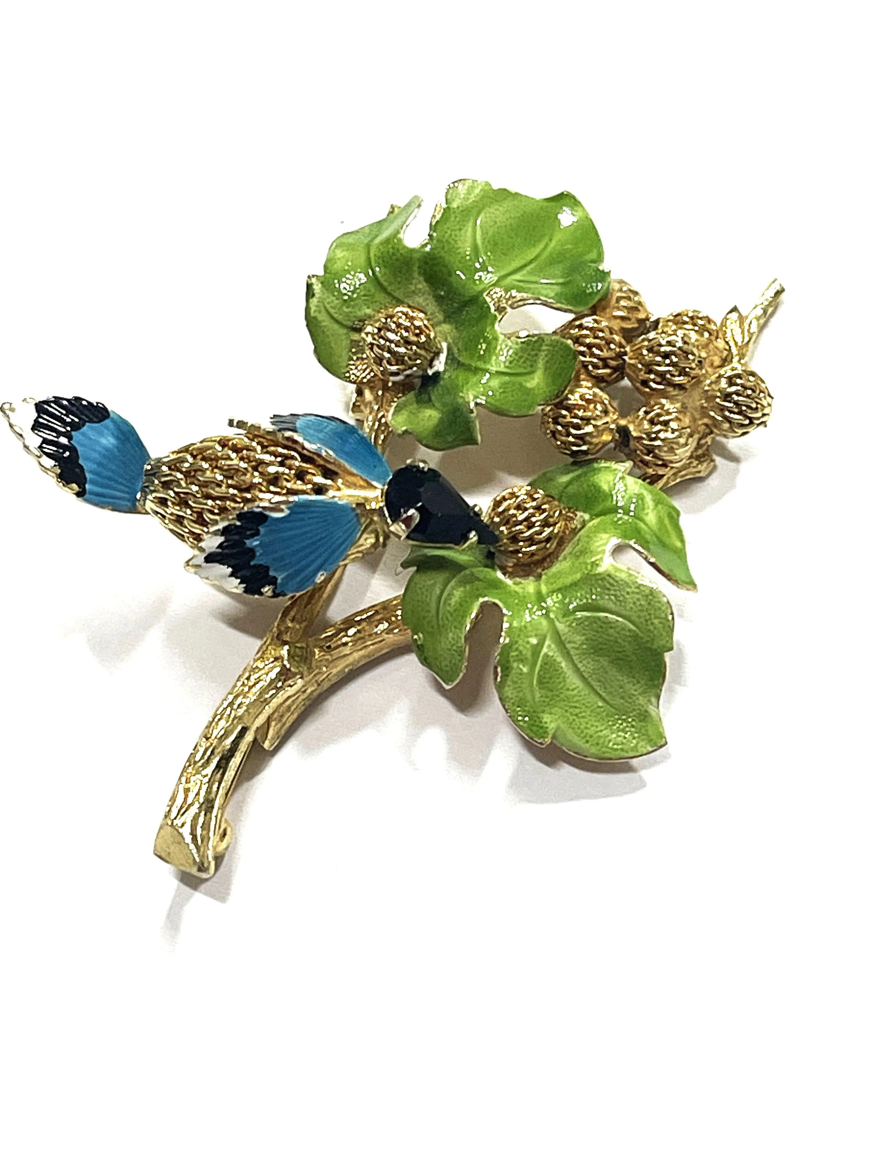 Enamelled Bird on a Branch Vintage Brooch
