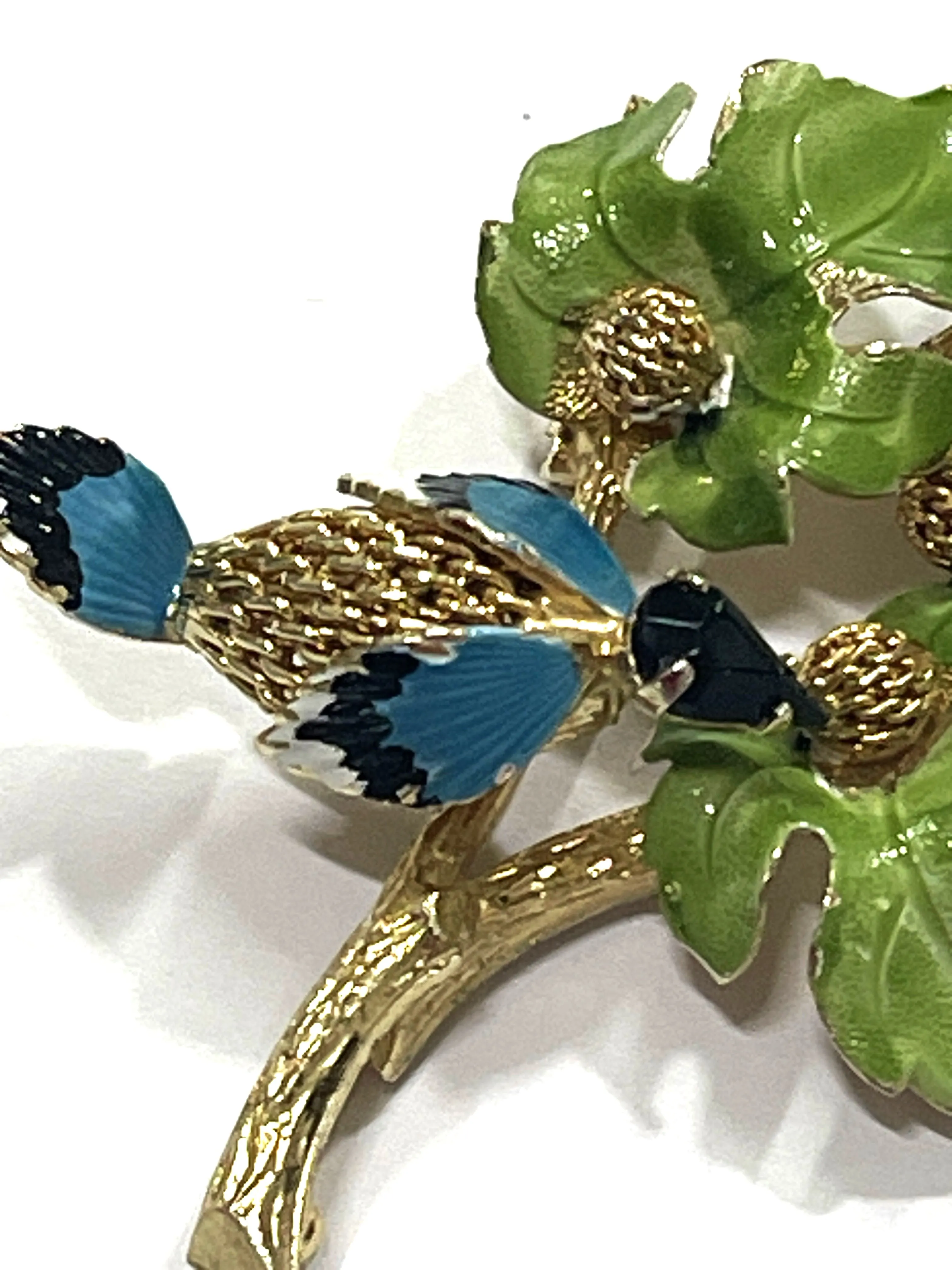 Enamelled Bird on a Branch Vintage Brooch