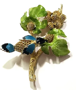 Enamelled Bird on a Branch Vintage Brooch