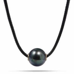 Layered Touch Lustrous Edge 26" Adjustable Tahitian Black Pearl Black Cord Necklace