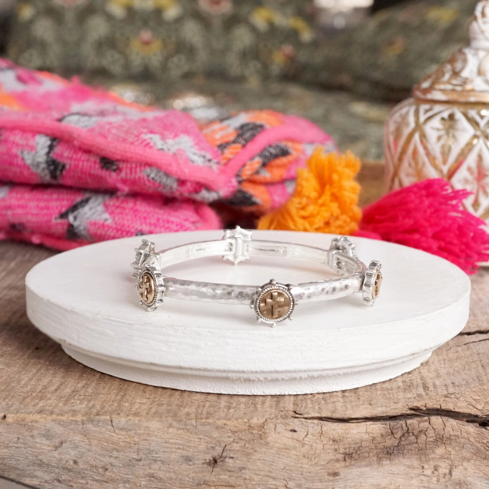 Collective Creativity Cross Coin Bangle in Worn Silver or Gold Tone