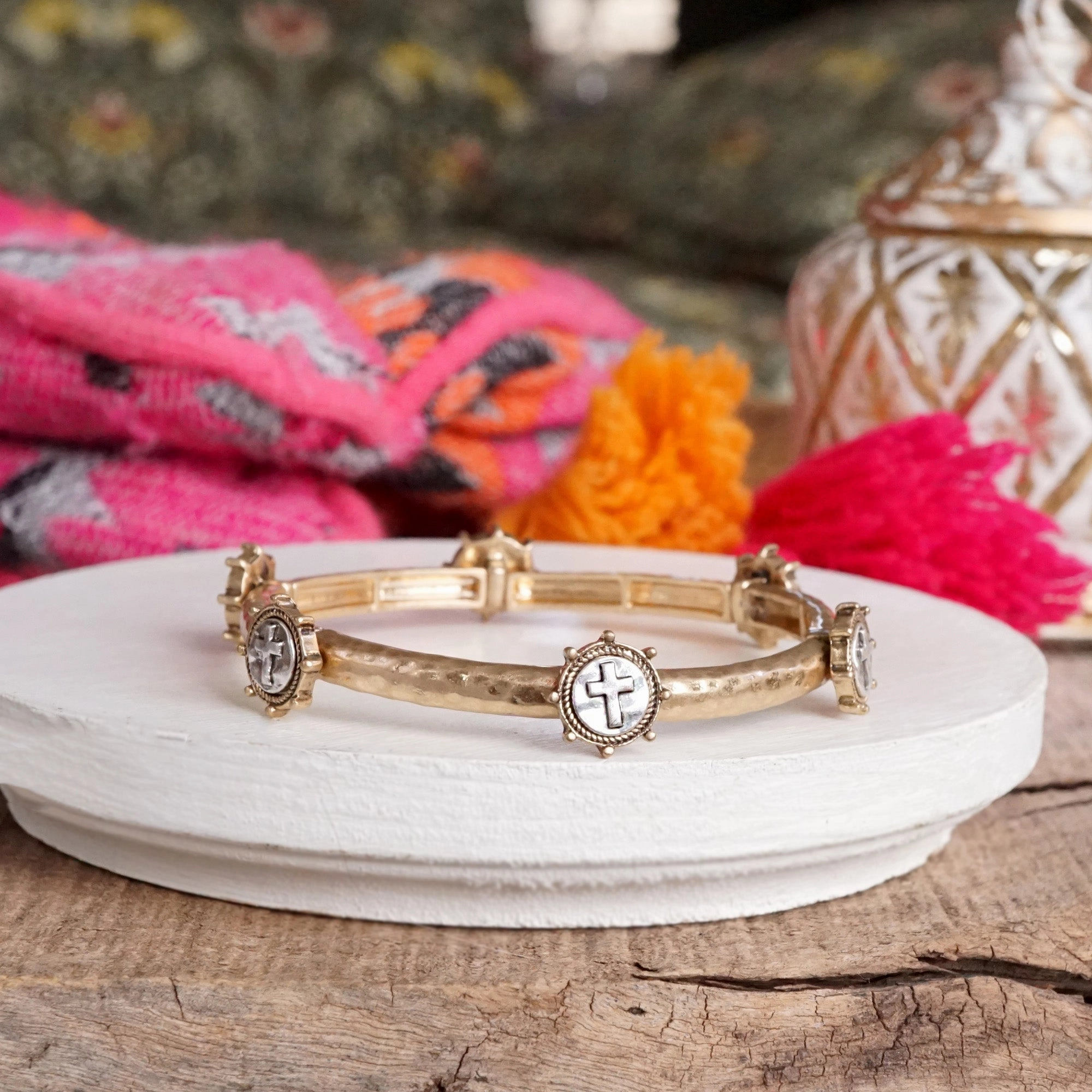 Cross Coin Bangle in Worn Silver or Gold Tone Sisterhood Bond