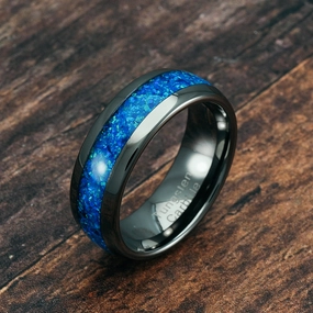 Artistic Shape 100S JEWELRY Engraved Personalized Gunmetal Tungsten Rings For Men Blue Opal Inlay Wedding Engagament Promise Band Size 6-16