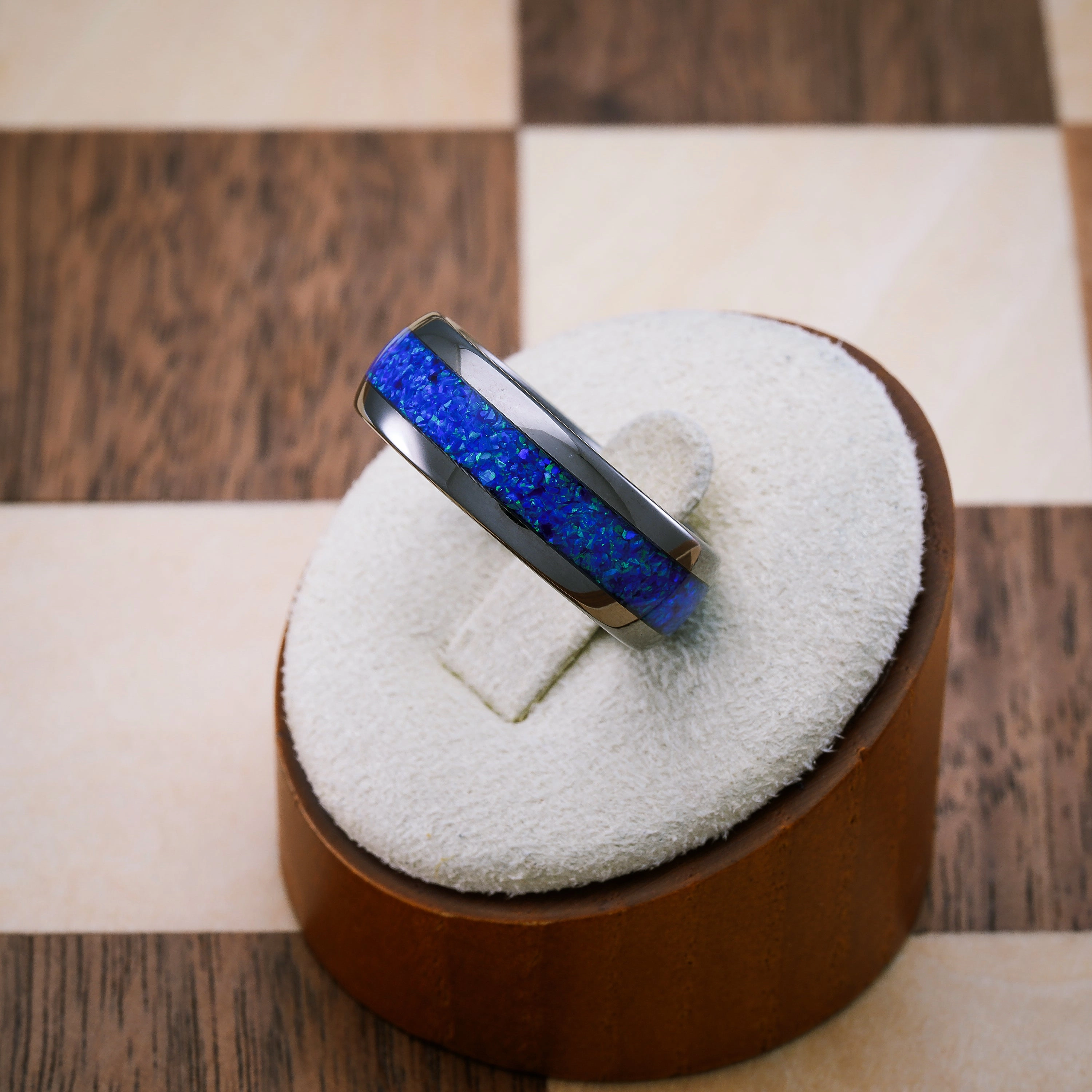 Sentimental Gift 100S JEWELRY Engraved Personalized Gunmetal Tungsten Rings For Men Blue Opal Inlay Wedding Engagament Promise Band Size 6-16