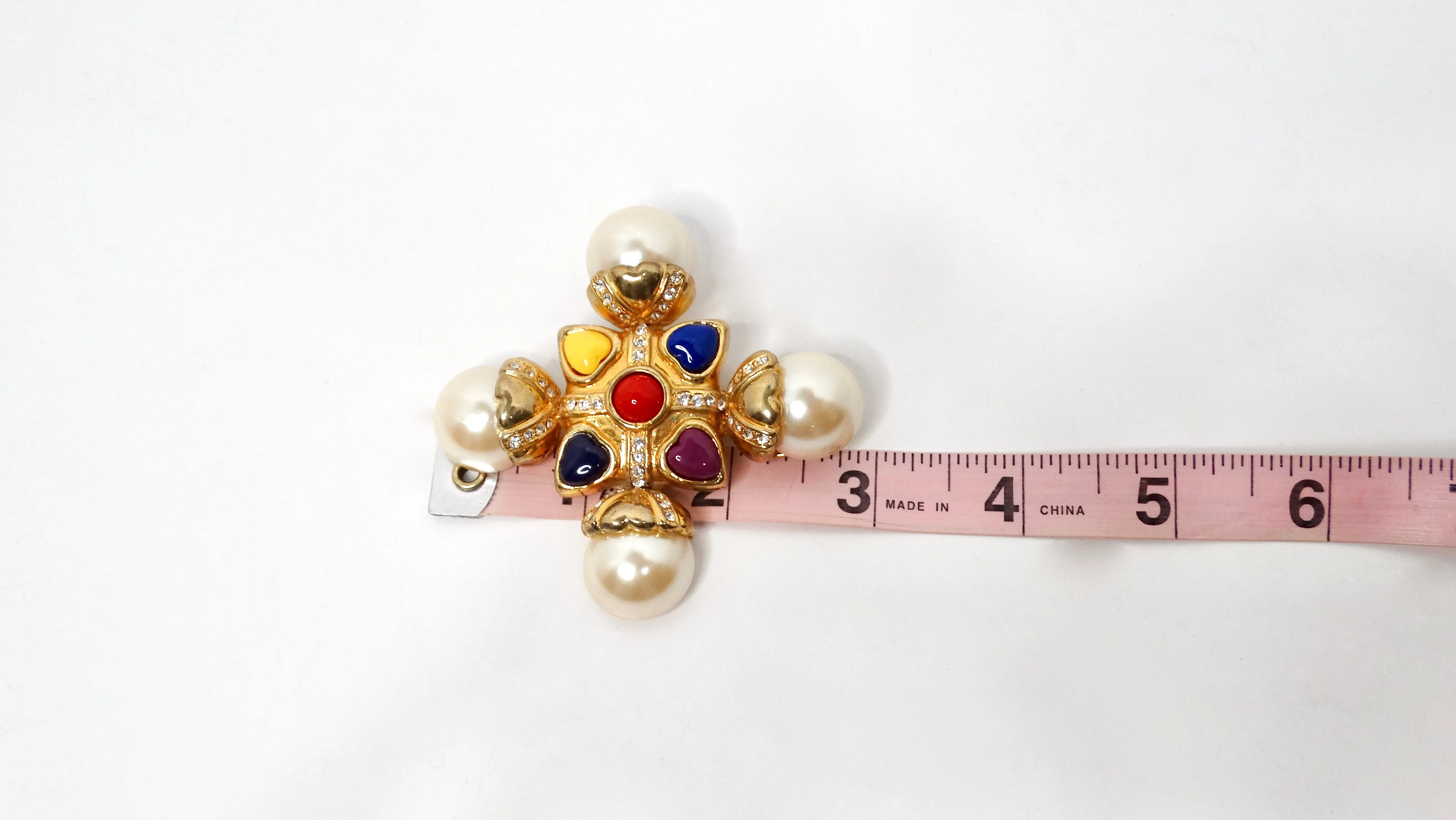 Escada 1990s Multicolor Cross Pearl Gold-Tone Brooch
