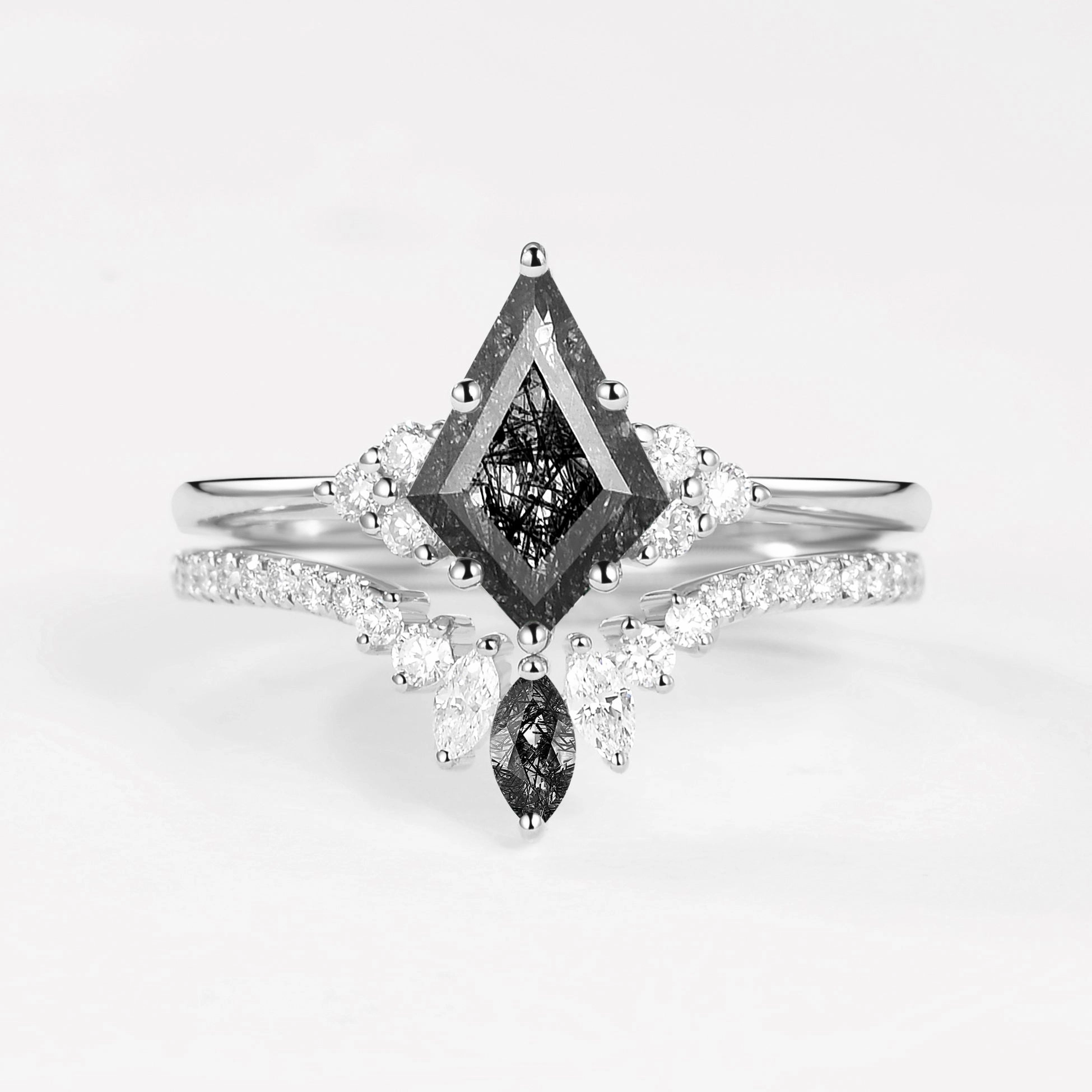 Unique Moss Agate Cluster Engagement Ring Set 2pcs - Lydia Radiant Finish Pieces