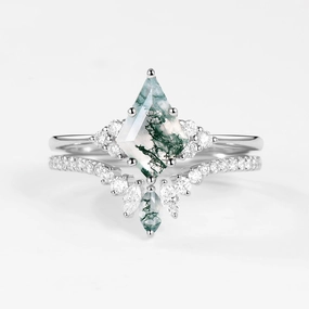 Unique Moss Agate Cluster Engagement Ring Set 2pcs - Lydia Expressive Edge