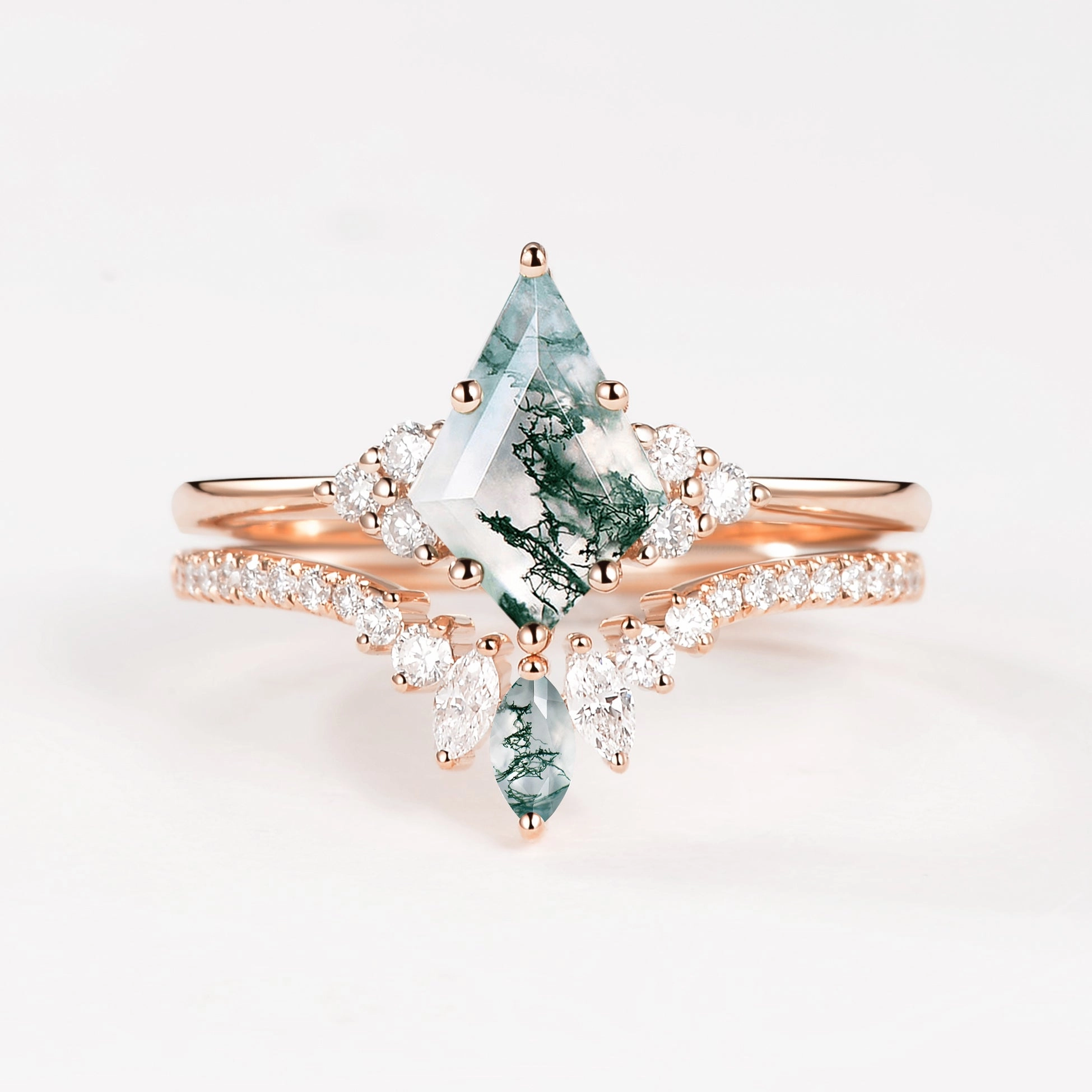 Glowing Details Signature Finish Unique Moss Agate Cluster Engagement Ring Set 2pcs - Lydia